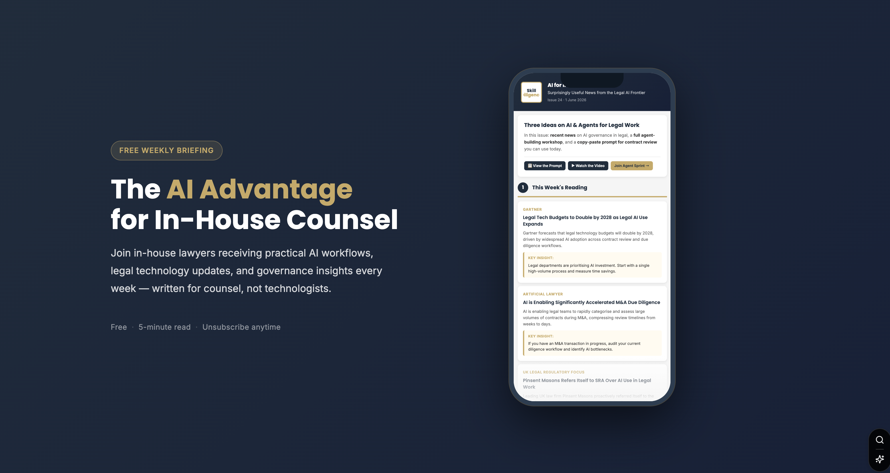 AI newsletter signup — The AI Advantage for In-House Counsel, from Skilldiligence